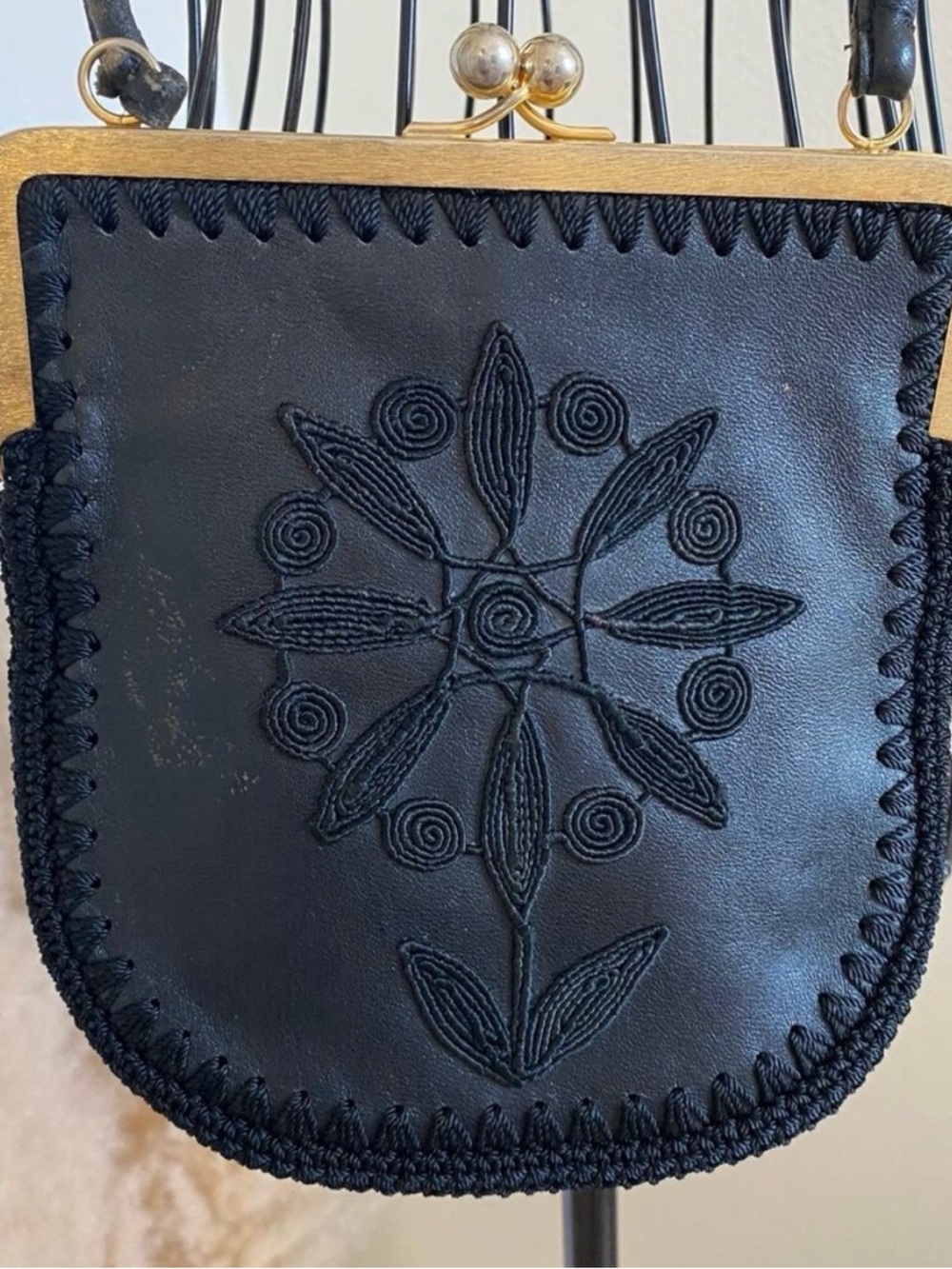 Vintage Black Leather Boho Embroidered Mini Purse
